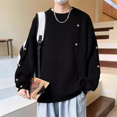 Threebooy  Winter Men's Button-Design Round Neck Sweaters Korean Fashion Solid Color Knitted Pullovers Retro High Street Y2K Knitwear