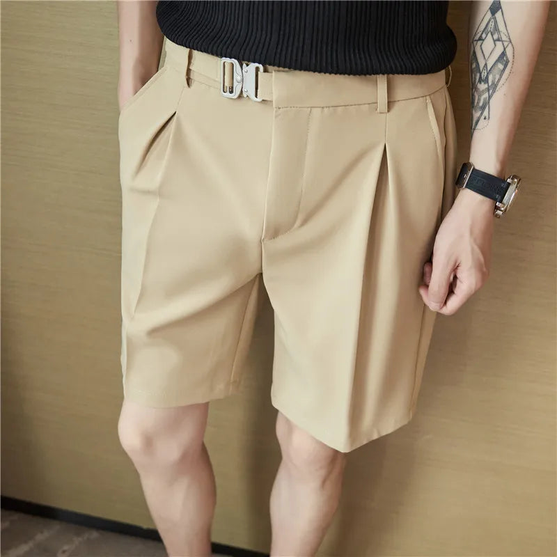 Threebooy Pleated Shorts Men Summer White Shorts Korean Fashion Casual Shorts Work Wear Clothes Breathable Comfort Slim Fit Bermudas