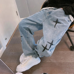 Threebooy  Prints Jeans Men New Streetwear Baggy Wide Leg Jeans Korean Fashion Drapes Straight Casual Loose Denim Cargo Pants