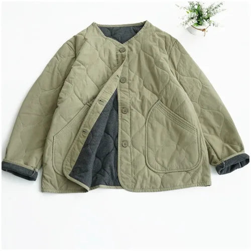 Threebooy Lightweight Long Sleeved Padded Jacket for Men Women Loose Casual Japanese Retro Single Breasted Clip on Cotton Short Parkas