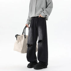 Threebooy  Straight Loose Wide Leg Jeans Mens Washed Classic Trousers Ripped Destroyed Drag Floor Length Bulk Wholesale Trendy Streetwear