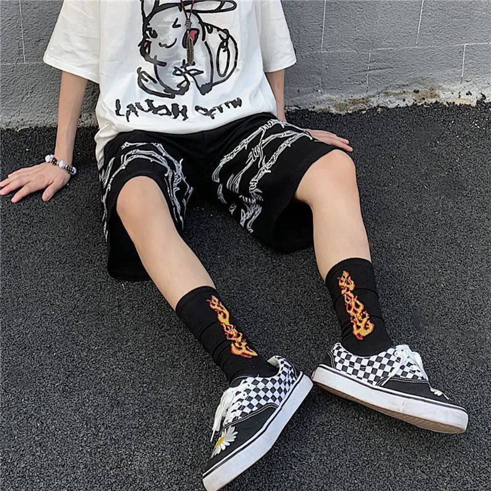 Threebooy Mens Casual Shorts Summer Hip-Hop Street Harajuku Style Personalized Print Simple Sports Shorts Boys Loose Straight Pants