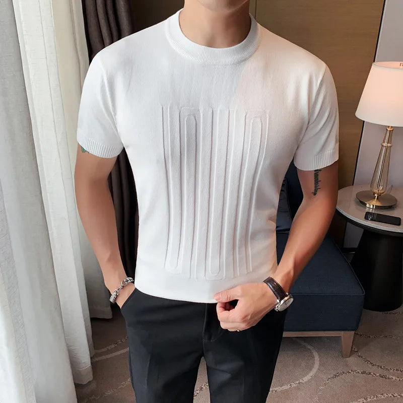 Threebooy  New Summer Men's Short Sleeve Solid Color T shirt Round Collar British Slim Casual Fashion Knit T-Shirts S-3XL