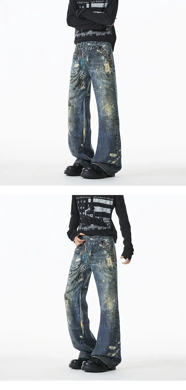 Threebooy Jean Men Unique Design Graffiti Street Style Drag Jeans Urban Trendy Fashion Distressed Long Fit Casual Denim Pants Edgy Hip Hop