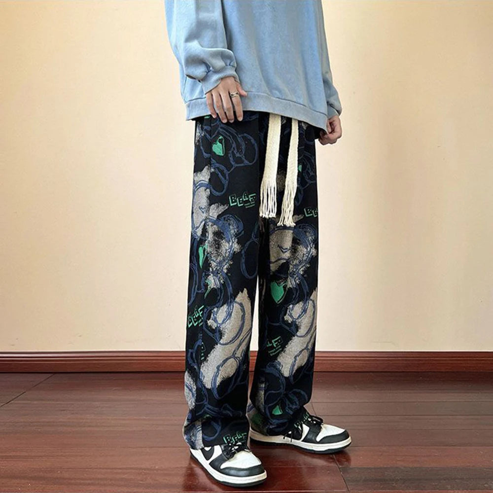 Threebooy American High Street Casual Pants Men's Tie-dye Bear Graffiti Casual Loose Wide-leg Pants Trendy Brand Niche Mopping Trousers