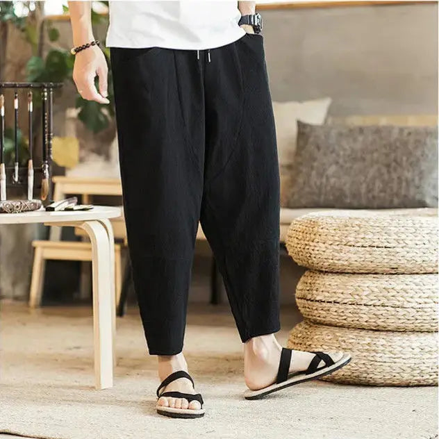 Threebooy  New Summer Cotton and Linen Loose Men's Casual Cropped Plus Trendy Youth Thin Versatile Wide-fitting Harem Pants