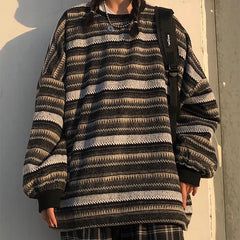 Threebooy Knitted Sweaters Women Oversized V Neck Striped Pullover Vintage Sweater Autumn Winter Retro Warm Jumper Harajuku Loose Sweater