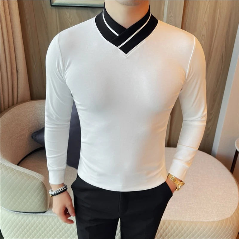 Threebooy  Autumn Winter Men's Mock Neck Long Sleeved T-shirt Slim Fit Elastic Solid Color Base Shirt Versatile Casual Business T-shirts