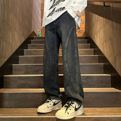 Threebooy Straight Leg Jeans Men Washed Solid Trousers Panel Design Denim Pants Autumn Fall Male Wear New 2025 High-quality denim pants