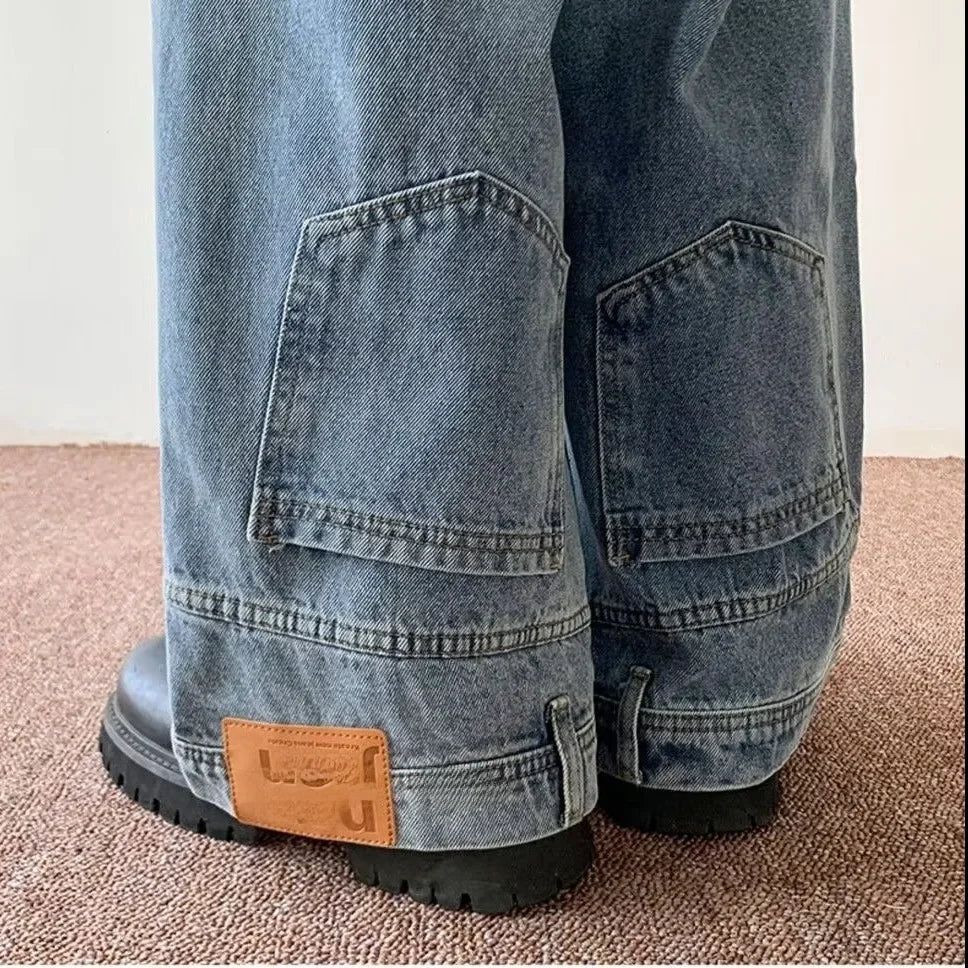 Threebooy American Style High Street Upside Down Design Sensibility Jeans European Hip Hop Streetwear Men's Fit Straight Leg Pants