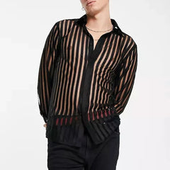 Threebooy Mens See-Through Sexy Shirt Genderless Nightclub Print Loose Casual Striped Mesh Fashion Trendy Long-Sleeved Shirt Unisex