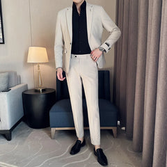 Threebooy New (Blazer+ Trousers) Men's Gentleman Fashion Business Suits Solid Color Korean Style Wedding Work Suit 2 Piece Set Tuxedo