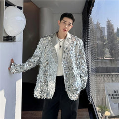 Threebooy Men's Sequins Blazer Glitters Bling Suit Jacket Singer Stage Shiny Clothing Black Silver Oversize Party Suit Coat Man