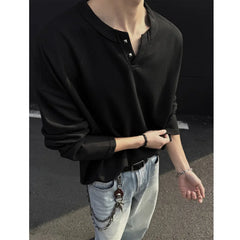 Threebooy Autumn White Long Sleeved T-shirt Men Fashion Black V-neck T-shirt Men Japanese Streetwear Hip-hop Loose Plaid T Shirt Mens Top