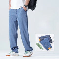 Threebooy  Spring/Summer New Ice Silk Loose Denim Fashionable Sports Casual Pants for Men, Loose and Droopy Wide-Leg Pants