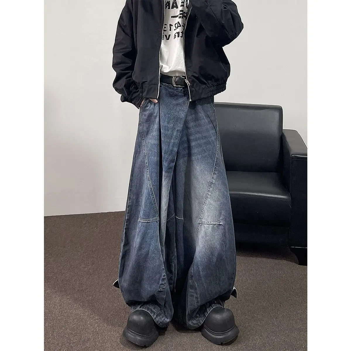 Threebooy Hip hop high street men and women trendy hip-hop straight leg washed jeans for couples loose retro casual wide leg pants Y2K