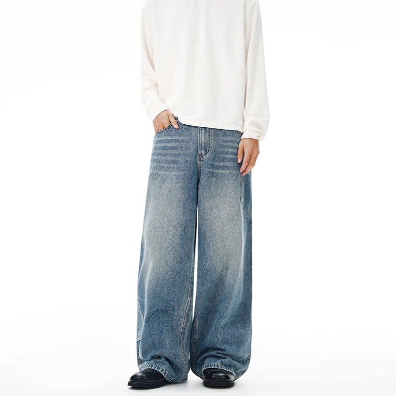 Threebooy Multi-pocket Loose Wide-leg Jeans Men's Cotton Vintage Washed Denim Pants Hip-hop Fashion Y2K Streetwear Autumn Casual Trousers