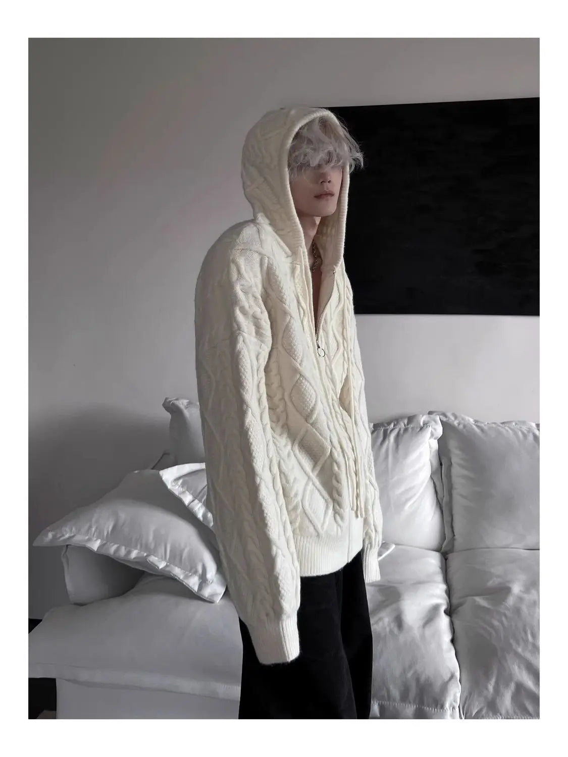 Threebooy American autumn and winter men and women trendy street personality cardigan hooded sweater couple loose casual knitted top y2k