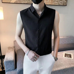 Threebooy  Elegant Fashion Harajuku Slim Fit Ropa Hombre Casual All Match Cotton Tshirts Solid Button Lapel Collar Sleeveless Blusa Vest
