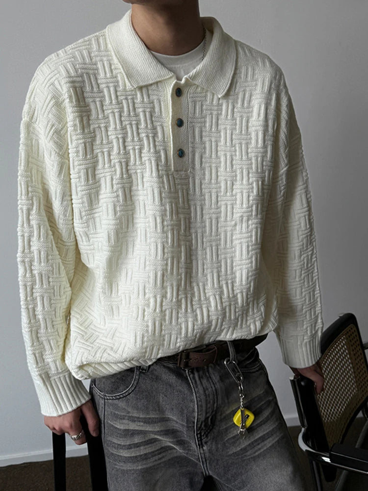 Threebooy  Winter Koran Fashion Polo Neck Button Sweaters Business Casual Striped Jacquard Knitted Pullovers High Street Y2K Knitwear