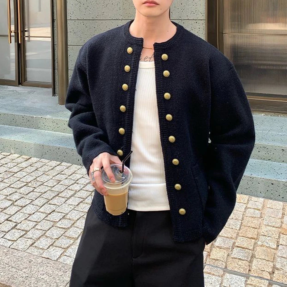 Threebooy  Winter New Men's Solid Color Long-Sleeved Cardigan Sweater American Retro Fashion Trend High Street Casual Niche Men's Top