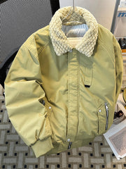 Threebooy Japanese Solid Workwear Padded Coat Winter Loose Trend Splicing Imitation Lamb Fleece Collar Cotton Jacket Casual Lapel Coat