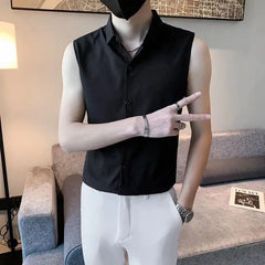 Threebooy  Elegant Fashion Harajuku Slim Fit Ropa Hombre Casual All Match Cotton Tshirts Solid Button Lapel Collar Sleeveless Blusa Vest