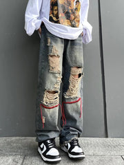 Threebooy Ripped Jeans Pants for Men Punk Denim Trousers Male Straight Leg Jeans Hip Hop Harajuku Korean Streetwear Hippie Hole