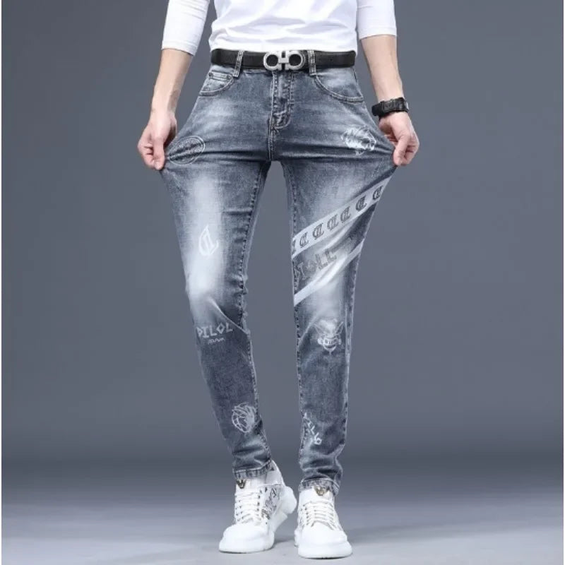 Threebooy Jeans Men Print Pants Loose Fit Blue Baggy Jeans Korea Fashion Wide Leg Pants Denim Trousers Men's Clothing Harem Pants