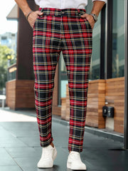 Threebooy  Men's Tartan Plaid Tapered Cropped Dress Pants Viscose Polyamide Elastane Slim Fit Business Casual Ankle‑Length Trousers