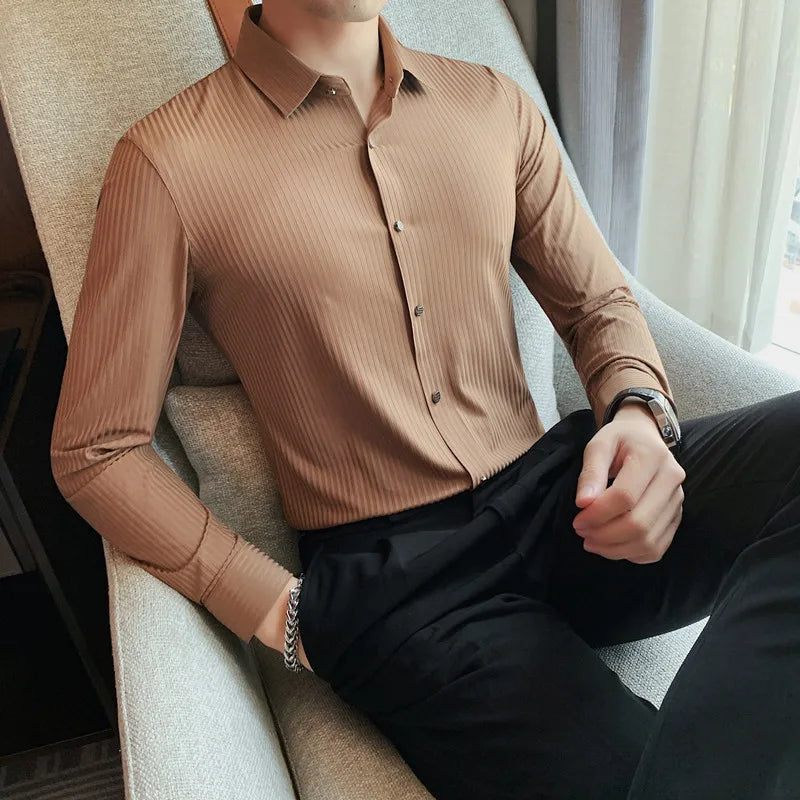 Threebooy Spring Autumn Long Sleeve Men Vintage Shirts Fashion stripe Slim Fit Korean Mens Shirt Luxe Homm Office Dress Shirts S-4XL