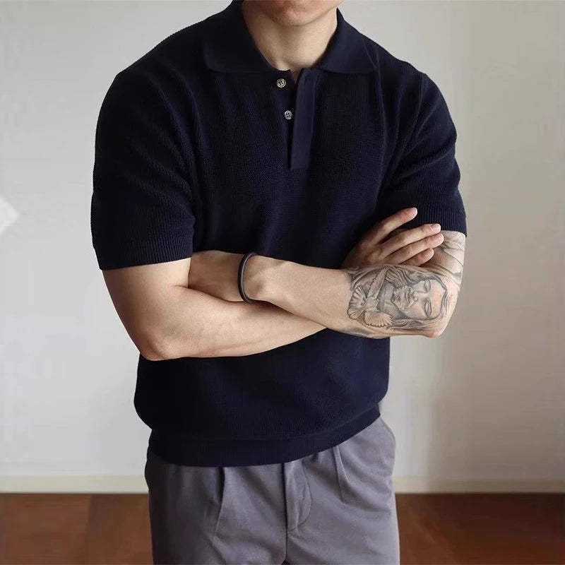 Threebooy  New Men's Clothing Light Luxury Business Polo Shirt Casual Slim-fit Knitted Solid Color Short Sleeve T-shirt High Quality Tops