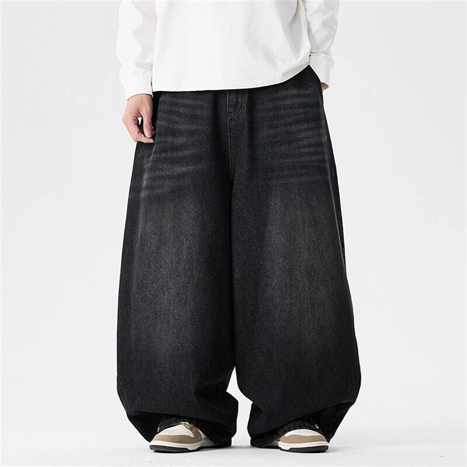 Threebooy  Large Size Summer Jeans Men Streetwear Harajuku Washed Casual Denim Pants Oversized Vintage Japan Style Baggy Wide-leg Trousers