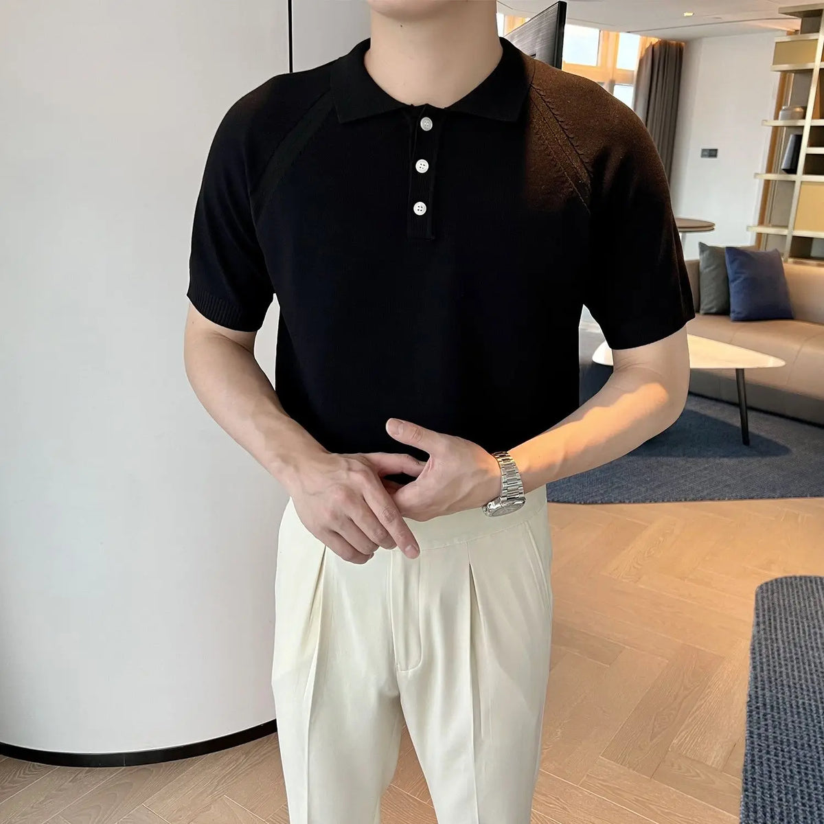 Threebooy  Lapel T-shirt Polo Shirt Men's Short-sleeved Knitted Half-sleeved Splicing Top