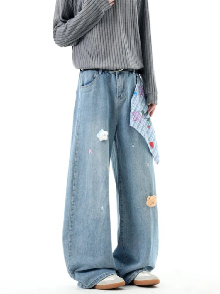 Threebooy  Fashion Y2K Jeans Men Spring New Straight Loose Embroidered Pants Designer Wide Leg Boyfriend Denim Trousers Male