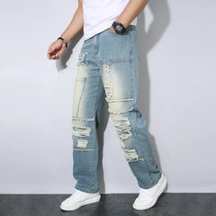 Threebooy Light Blue Slim Fit Men's Ripped Loose Jeans Elastic Hole Design Versatile Male High Street Beggar Denim Pants Retro Washed