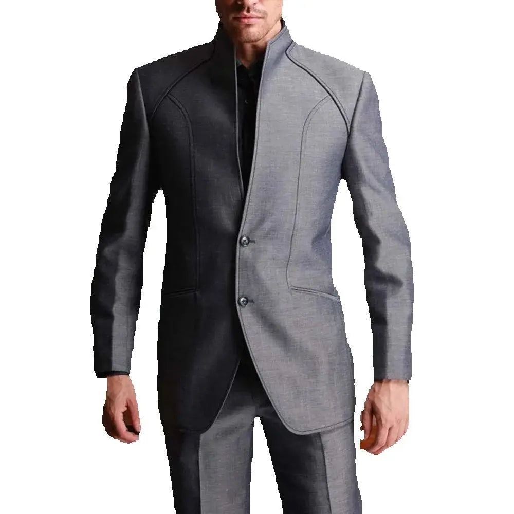 Threebooy  New Fashion Men Suits Grey Chic Stand Collar Single Breasted Male Blazer with Pants Sets Casual Daily Wedding Guest 2 Pieces Set