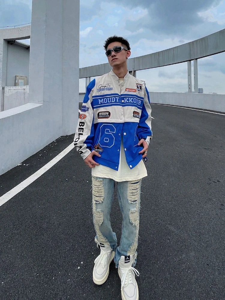 Threebooy American Retro Racing Jacket Handsome Detachable Function Racing Suit Jacket Men Loose Niche Button Up Baseball Uniform