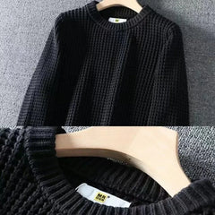 Threebooy  Autumn and Winter Fashionable Waffle Thread Round Neck Solid Long Sleeve Loose Relaxed Warm Inner Laydown Knitted Sweater