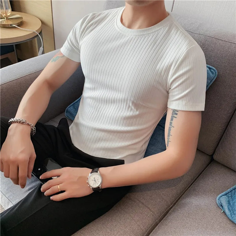 Threebooy New Style Male Summer Slim Fit Round Collar Short Sleeve T-shirt/Mens Fashion Stripe Leisure T-shirt/Man Tops Plus Size 4XL