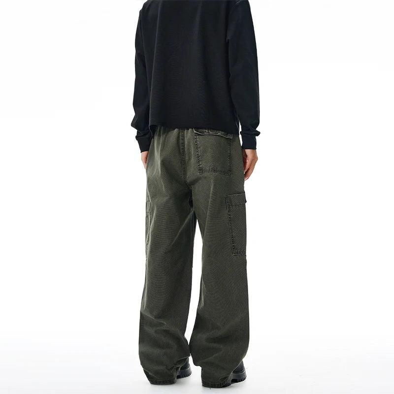 Threebooy American Loose Straight Cargo Pants Men's Fashion Streetwear 100% Cotton Vintage Large Pocket Loose Casual Wide-leg Trousers