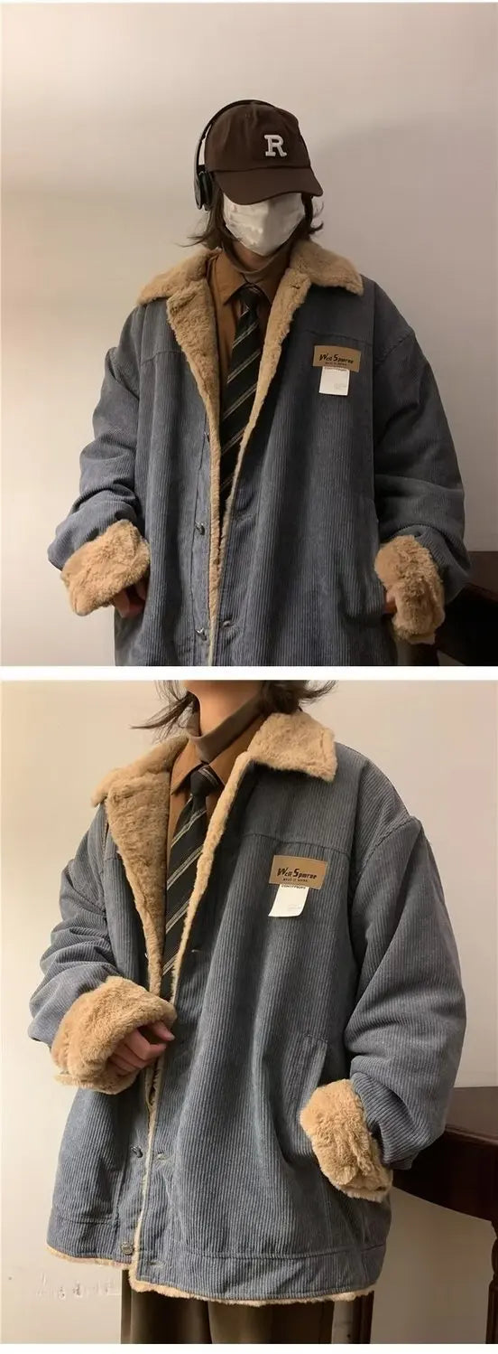 Threebooy Men's Retro Corduroy Padded Jacket Women Winter Loose Casual Thickened Cotton Turndown Collar Single-breasted Long Sleeves Tops