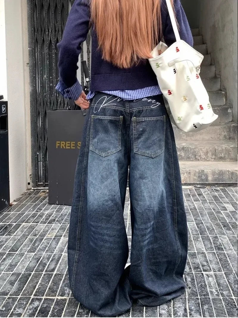Threebooy Y2K Fashion New Letters Embroidered Washed Baggy Jean Women Gothic Harajuku Vintage Hip Hop Pop Casual High Waist Wide Leg Pants