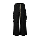 Threebooy Wide Leg Drawstring Black Cargo Pants Unisex Straight Baggy Casual Overalls Men's Streetwear Loose Oversized Trousers