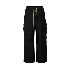 Threebooy  Wide Leg Drawstring Black Cargo Pants Unisex Straight Baggy Casual Overalls Men's Streetwear Loose Oversized Trousers