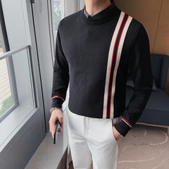 Threebooy  Autumn Winter Shirt Collar Fake Two Piece Sweater Men Solid Warm Knitwear Pullover High Quality Slim Fit Elasticity Sweater