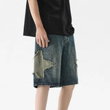 Threebooy American Style High Street Patch Pentagram Embroidered Patchwork Worn Shorts Y2k Hip-hop Blue Denim Shorts