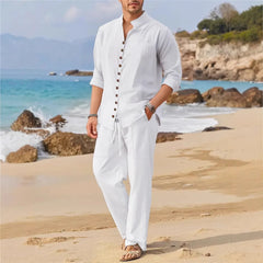 Threebooy  Spring and autumn Cuban style fashion men's shirt trend casual multi-button stand collar loose long sleeve pants beach suit