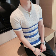 Threebooy  British Style Men's Fashion Lce Silk Stripe Knitting POLO Shirts/Male Slim Fit Short Sleeve Leisure POLO Shirts S-3XL