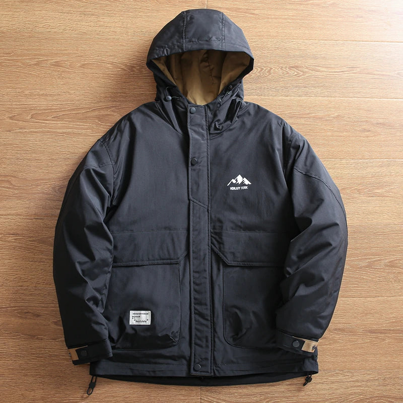 Threebooy Outdoor Windproof  Padded Jacket Plus Thickened Warm Large Pocket Workwear Casual Hooded Parkas Trendy High-end Button Up Coats
